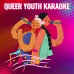 queer youth karaoke with music notes on a staff and two fem characters drawn singing
