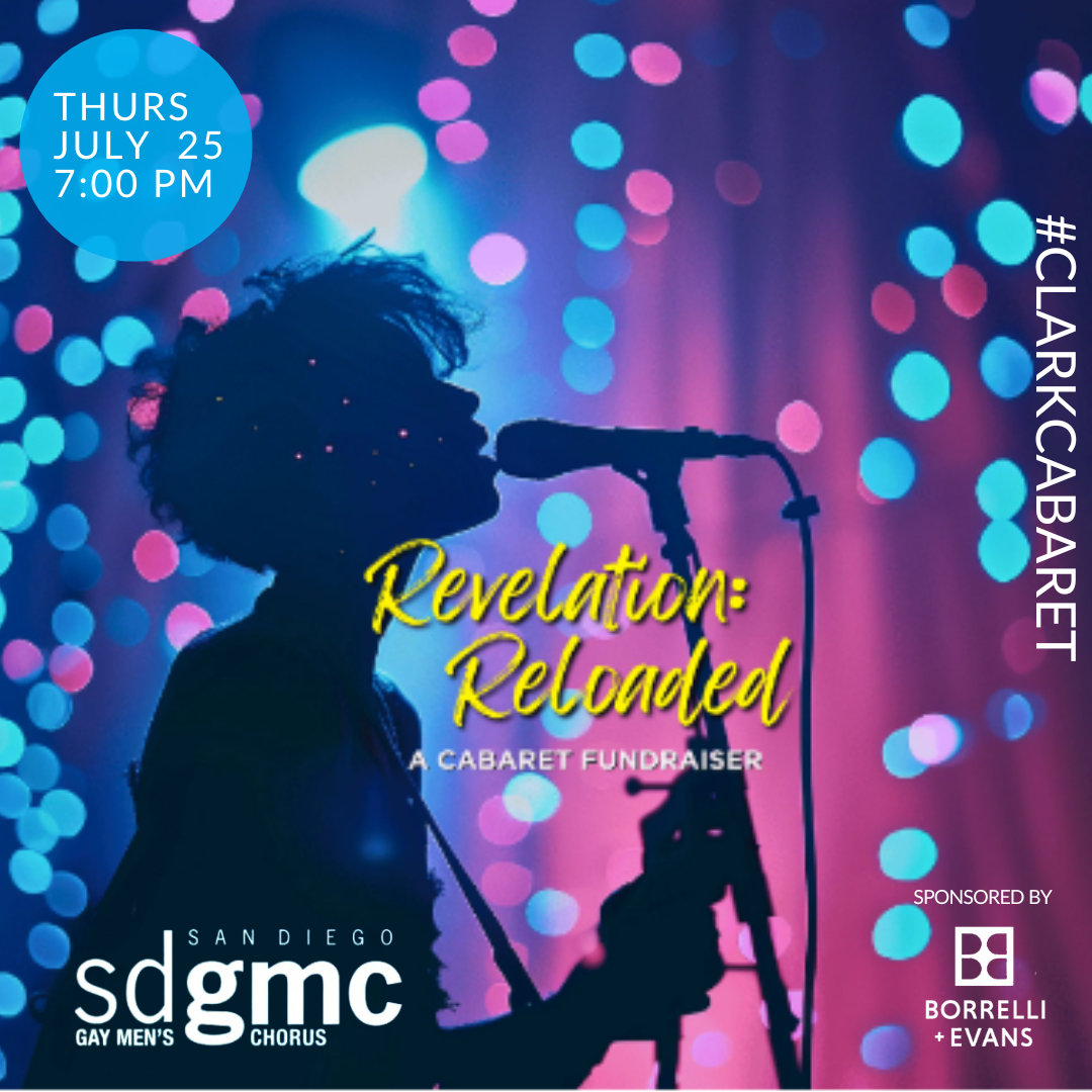 blue and purple glitter bokh background with a person singing into a microphone and playing an instrument. text reads: thurs, july 25, 7 PM , sdgmc, clark cabaret, sponsored by boreli and evans