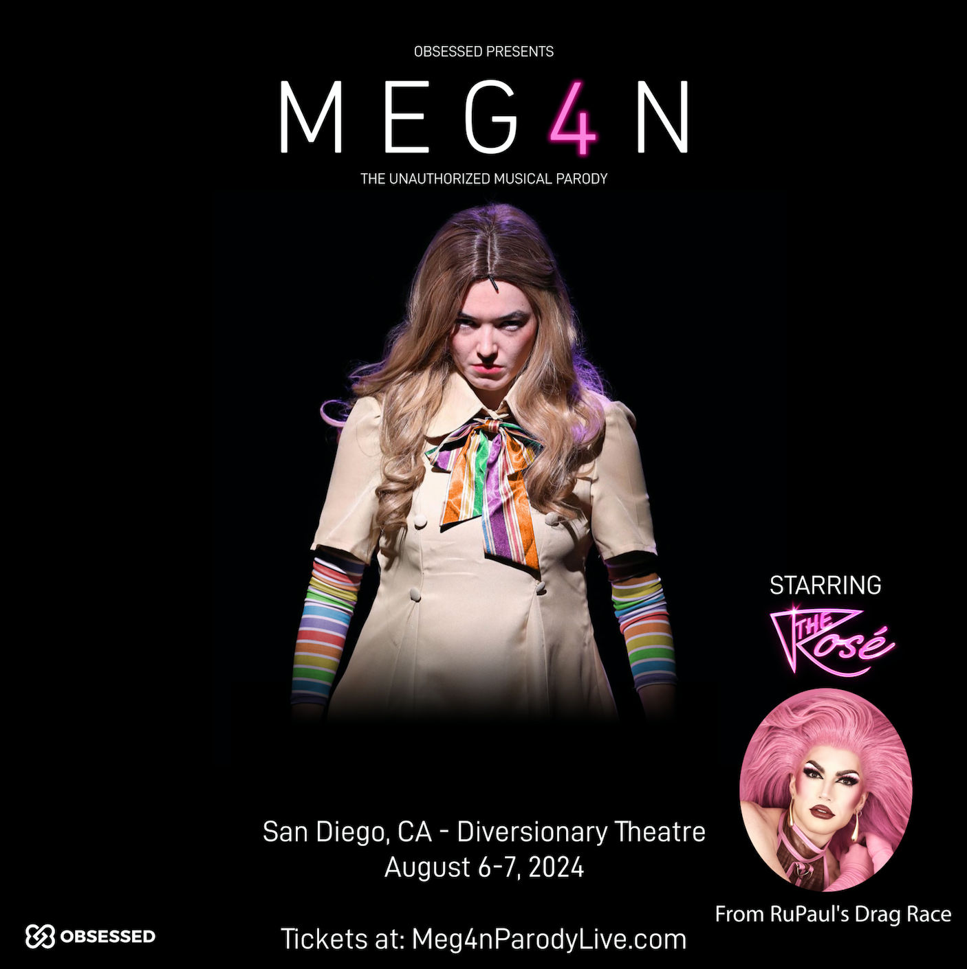 Black background with a picture of a girl starring down into the screen and the text: Meg4n the unauthorized musical parody, with the rose from rupauls drag race
