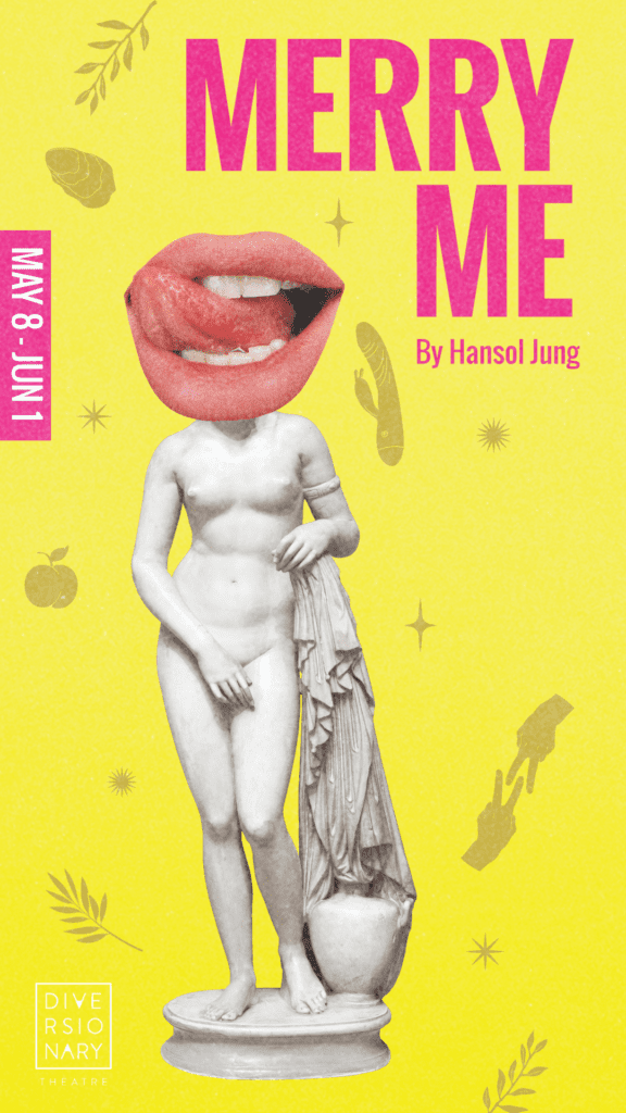 Merry Me show art, yellow background with a greek statue, and different female pleasure tools and devices scattered through out. Title reads merry me