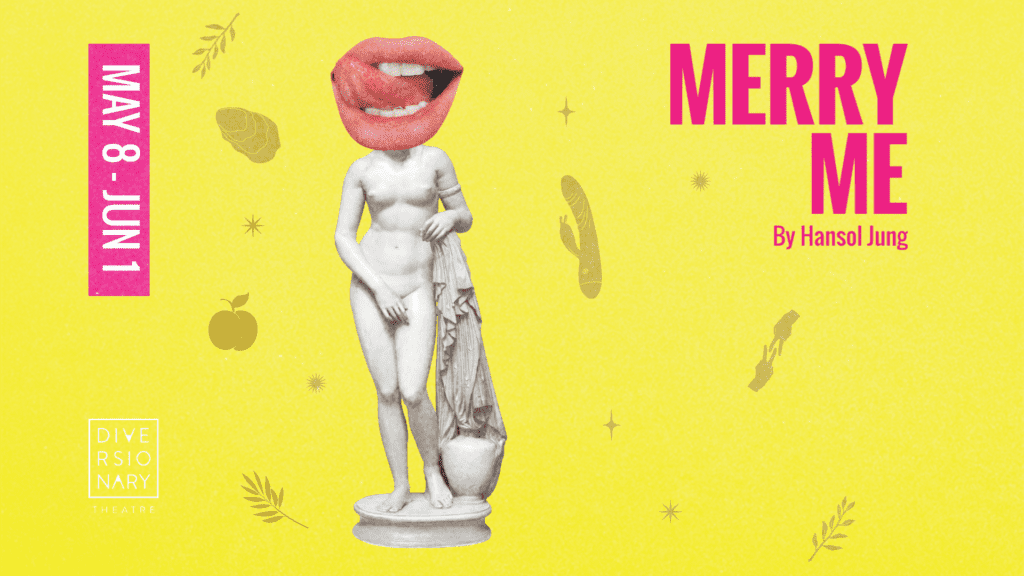 Merry Me show art, yellow background with a greek statue, and different female pleasure tools and devices scattered through out. Title reads merry me